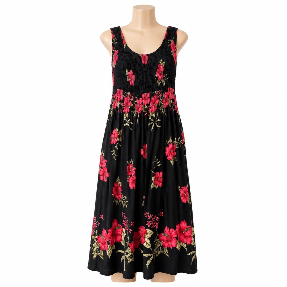 Hibiscus Collection Hawaii Dress Womens One Size Black Red Floral Smocked Rayon
